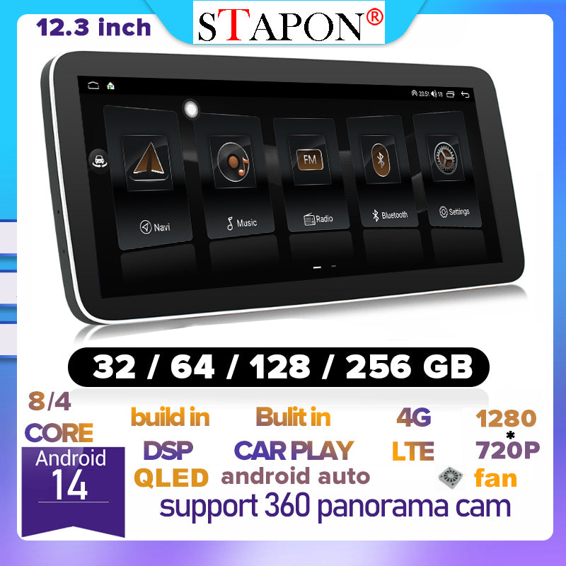 STAPON 12.3inch 32 64 128 256GB android16 qled SCREEN carplay android auto support 360 camera voice command OCTA CORE 4G DSP car android head unit car android stereo WiFi Bluetooth 5.0 GPS AM FM RDS rear view 2din S123
