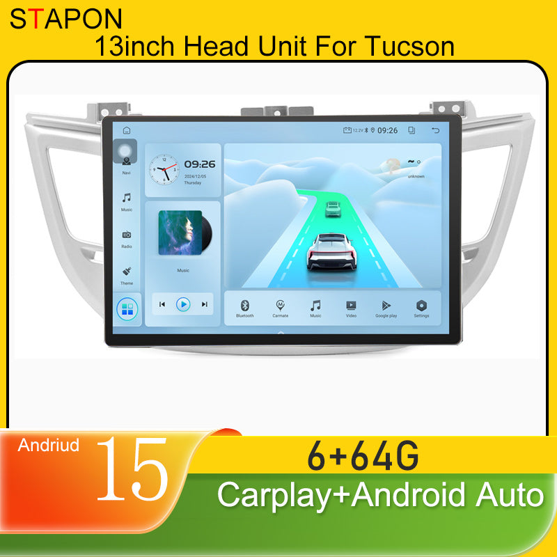 STAPON 13inch 6+64GB for hyundai tucson 2016-2018 android16 2k 1920x1200p screen carplay android auto 2.5D qled SCREEN quad CORE car android headunit car android stereo WiFi Bluetooth 5.0 GPS FM rear view S132