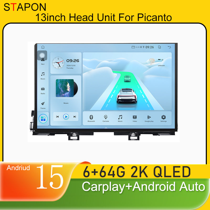 STAPON 13inch 6+64GB for kia picanto 2018-2025 android16 2k 1920x1200p screen carplay android auto 2.5D qled SCREEN quad CORE car android headunit car android stereo WiFi Bluetooth 5.0 GPS FM rear view S132