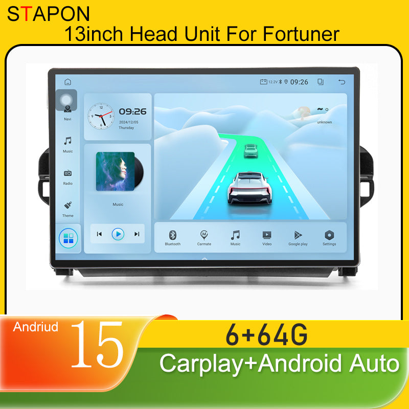 STAPON 13inch 6+64GB for toyota fortuner 2016-2025 android16 2k 1920x1200p screen carplay android auto 2.5D qled SCREEN quad CORE car android headunit car android stereo WiFi Bluetooth 5.0 GPS FM rear view S132