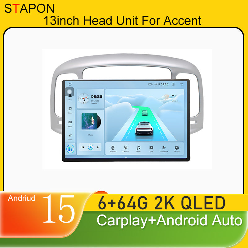 STAPON 13inch 6+64GB for hyundai accent 2006-2010 android16 2k 1920x1200p screen carplay android auto 2.5D qled SCREEN quad CORE car android headunit car android stereo WiFi Bluetooth 5.0 GPS FM rear view S132