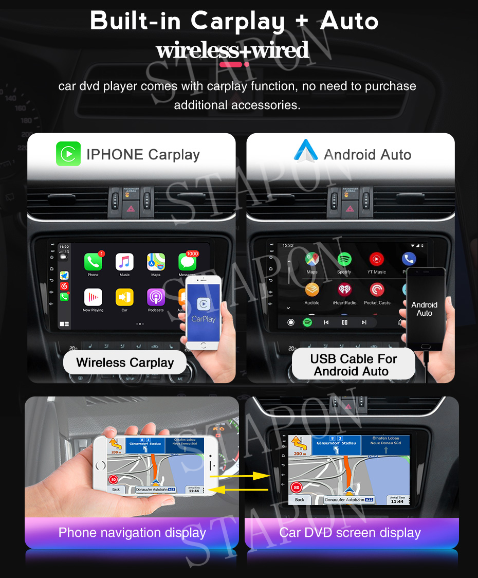STAPON 9inch 2din 32 64 128 256GB android16 OCTA CORE voice command 4G LTE DSP carplay android auto QLED screen car android head unit 360camera dashcam car stereo WiFi Bluetooth GPS FM AM S8