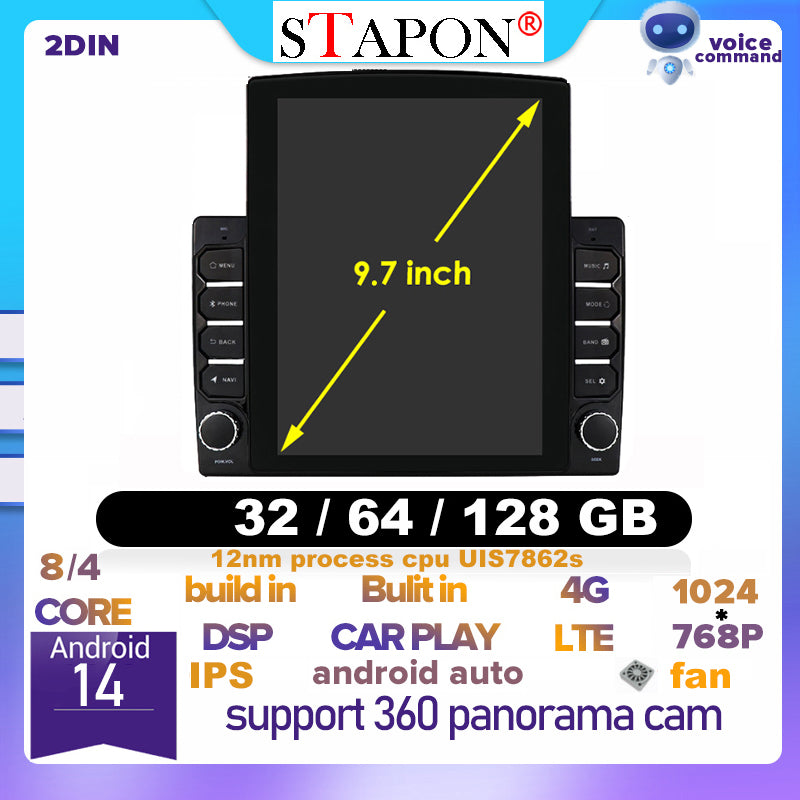 STAPON 9.7inch 2din android16 32 64 128 256GB 4G DSP 360camera voice command ips carplay android auto am fm car headunit stereo tesla vertical screen wifi GPS navigation bluetooth fit 2din 9inch 10 inch panel 9700
