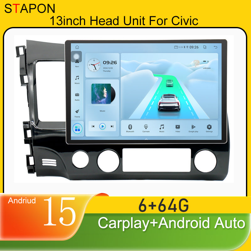 STAPON 13inch 6+64GB for honda civic 2006-2011 android16 2k 1920x1200p screen carplay android auto 2.5D qled SCREEN quad CORE car android headunit car android stereo WiFi Bluetooth 5.0 GPS FM rear view S132