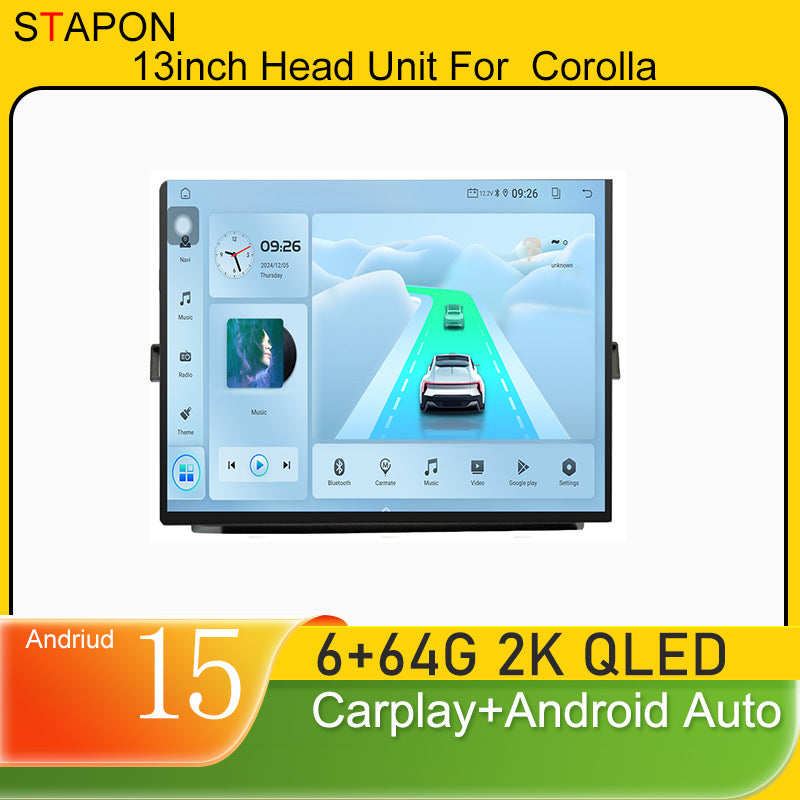 STAPON 13inch 6+64GB for toyota corolla 2007-2013 android16 2k 1920x1200p screen carplay android auto 2.5D qled SCREEN quad CORE car android headunit car android stereo WiFi Bluetooth 5.0 GPS FM rear view S132
