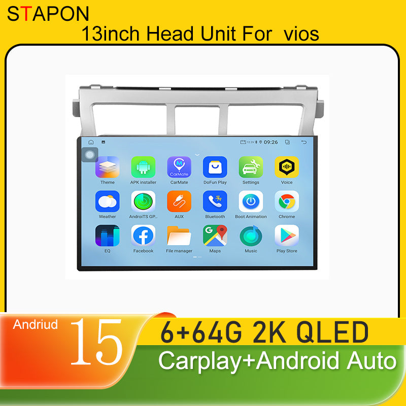 STAPON 13inch 6+64GB for toyota vios 2008-2013 android16 2k 1920x1200p screen carplay android auto 2.5D qled SCREEN quad CORE car android headunit car android stereo WiFi Bluetooth 5.0 GPS FM rear view S132