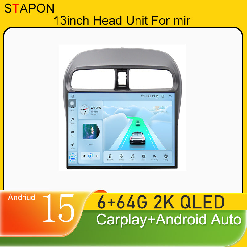STAPON 13inch 6+64GB for mitsubishi mirage android16 2k 1920x1200p screen carplay android auto 2.5D qled SCREEN quad CORE car android headunit car android stereo WiFi Bluetooth 5.0 GPS FM rear view S132