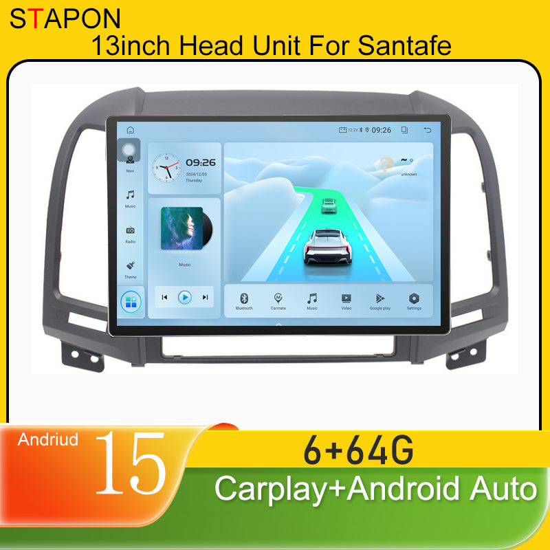 STAPON 13inch 6+64GB for hyundai santafe 2005-2012 android16 2k 1920x1200p screen carplay android auto 2.5D qled SCREEN quad CORE car android headunit car android stereo WiFi Bluetooth 5.0 GPS FM rear view S132