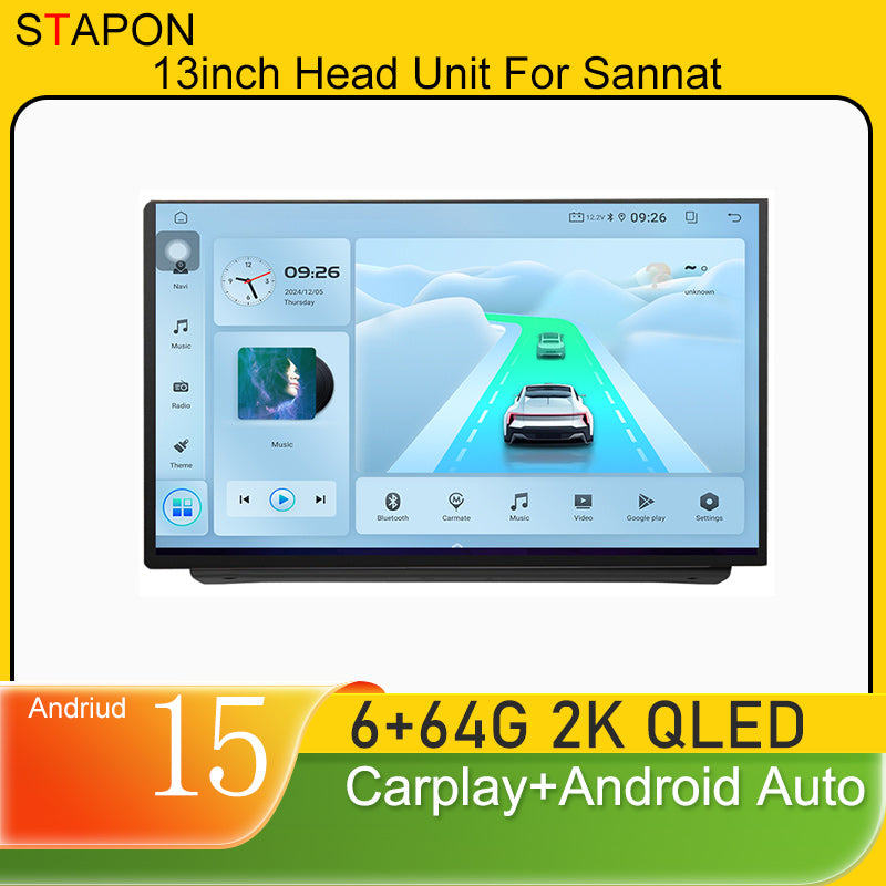 STAPON 13inch 6+64GB for volkswagen sannata android16 2k 1920x1200p screen carplay android auto 2.5D qled SCREEN quad CORE car android headunit car android stereo WiFi Bluetooth 5.0 GPS FM rear view S132