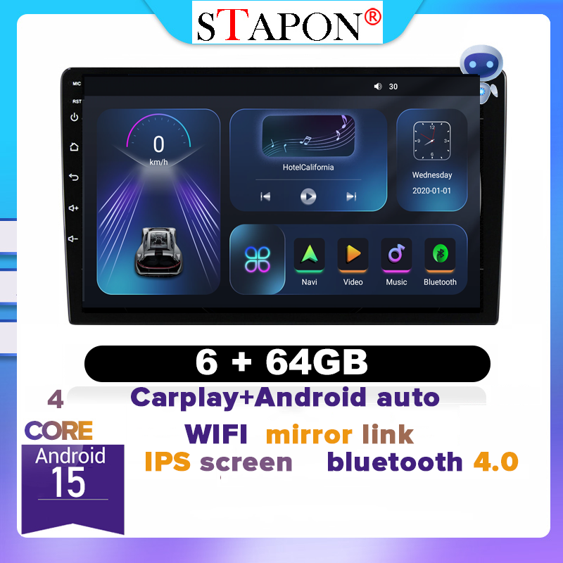 STAPON 9inch 6+64GB android16 carplay android auto voice command 2din car android headunit android stereo linux mp5 touch ips screen WiFi Bluetooth GPS FM mirror link steering control 9006