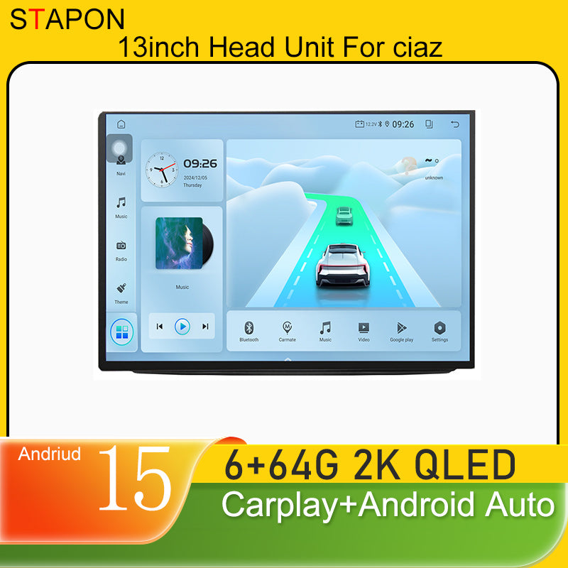 STAPON 13inch 6+64GB for suzuki ciaz 2014-2018 android16 2k 1920x1200p screen carplay android auto 2.5D qled SCREEN quad CORE car android headunit car android stereo WiFi Bluetooth 5.0 GPS FM rear view S132