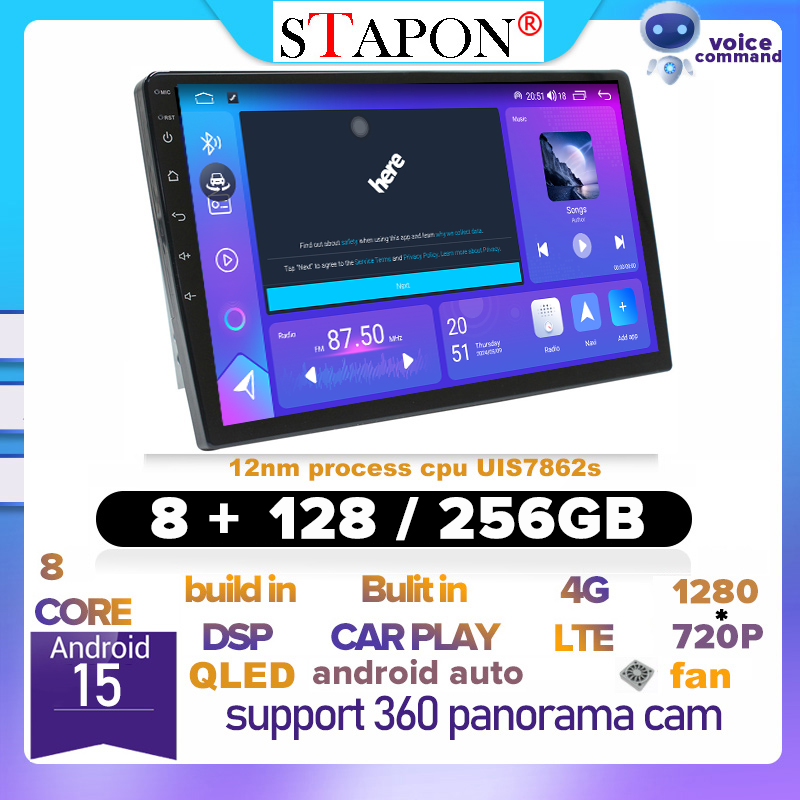 STAPON 9inch 10inch128GB 256GB android16 carplay android auto 2.5D QLED SCREEN 360camera OCTA CORE voice command 4G DSP bluetooth 5.4 car head unit car stereo car MP5 player with WiFi Bluetooth GPS AM FM RDS rear view 2din S10
