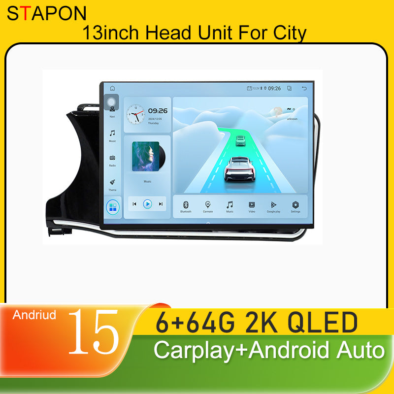 STAPON 13inch 6+64GB for honda city 2014-2019 Android14 2k 1920x1200p screen carplay android auto 2.5D qled SCREEN quad CORE car android headunit car android stereo WiFi Bluetooth 5.0 GPS FM rear view S132