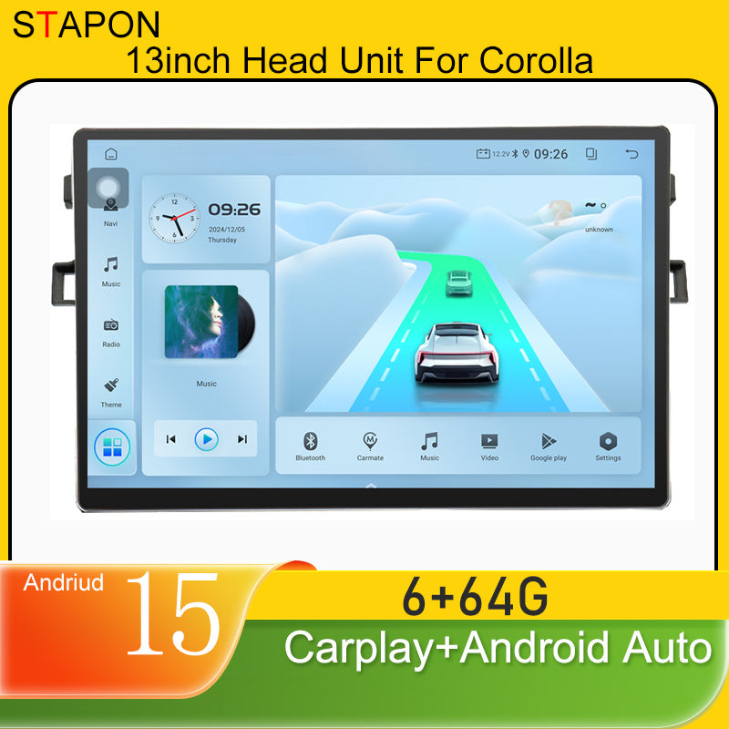 STAPON 13inch 6+64GB for toyota corolla 2007-2013 android16 2k 1920x1200p screen carplay android auto 2.5D qled SCREEN quad CORE car android headunit car android stereo WiFi Bluetooth 5.0 GPS FM rear view S132
