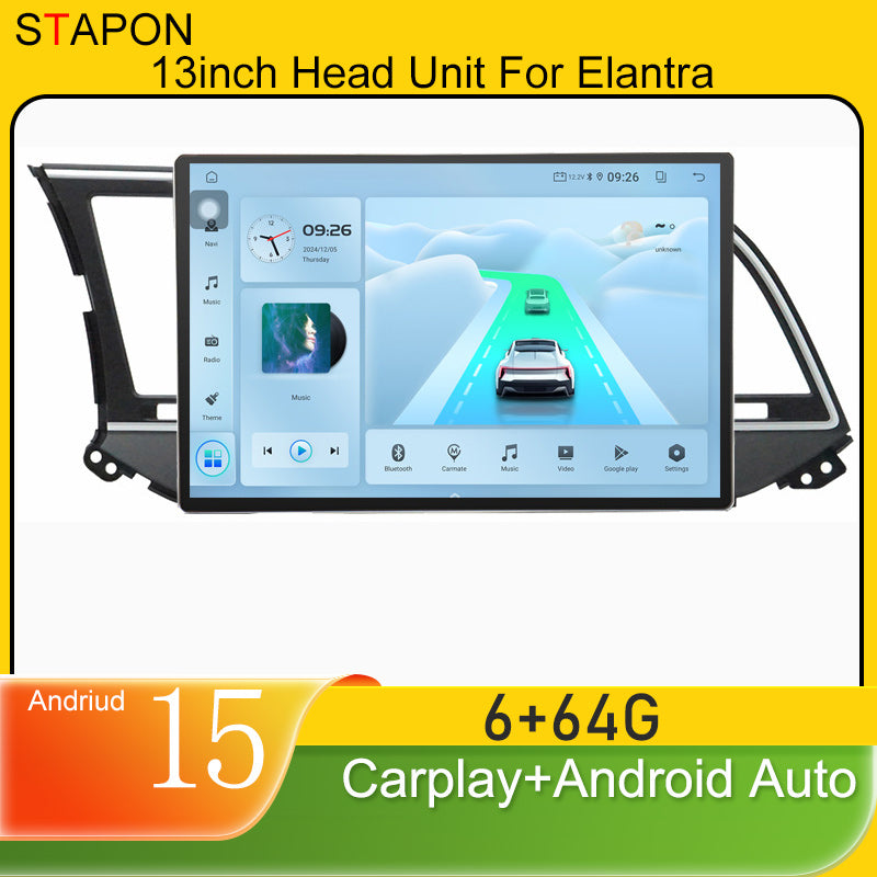 STAPON 13inch 6+64GB for hyundai elantra 2016-2021 android16 2k 1920x1200p screen carplay android auto 2.5D qled SCREEN quad CORE car android headunit car android stereo WiFi Bluetooth 5.0 GPS FM rear view S132