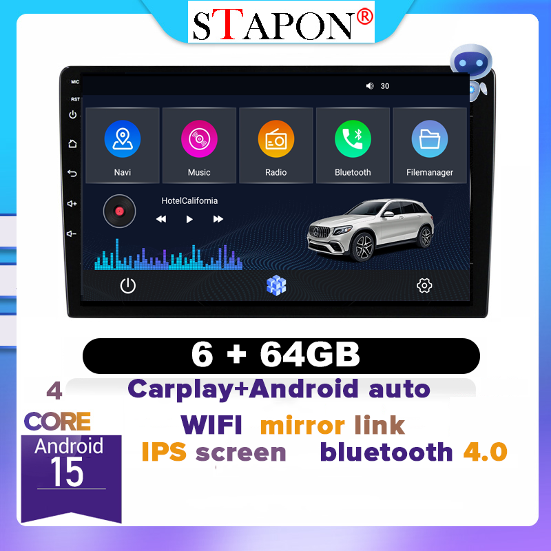 STAPON 9inch 6+64GB android16 carplay android auto voice command 2din universal car android head unit android stereo linux mp5 touch ips screen WiFi Bluetooth GPS navigation FM mirror link 9006