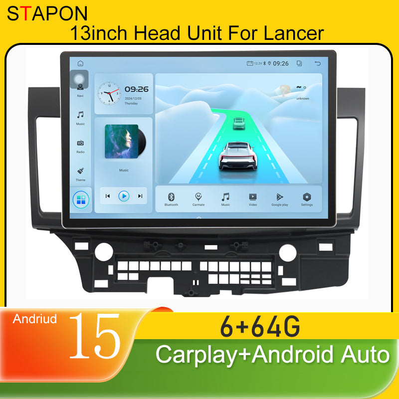 STAPON 13inch 6+64GB for mitsubishi lancer android16 2k 1920x1200p screen carplay android auto 2.5D qled SCREEN quad CORE car android headunit car android stereo WiFi Bluetooth 5.0 GPS FM rear view S132