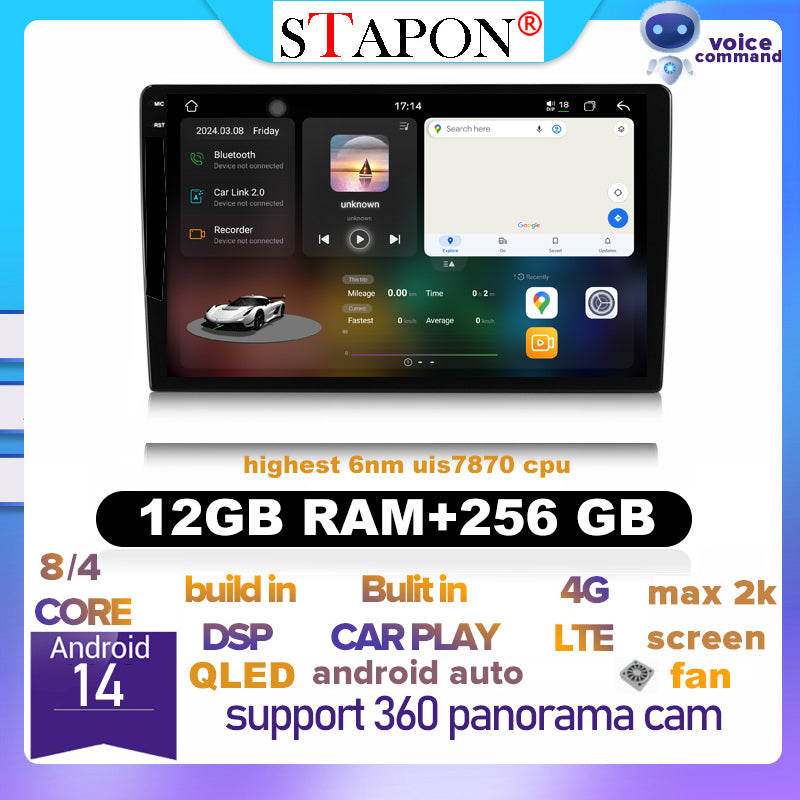 STAPON 9inch 10inch 12GB RAM 256GB ROM android16 2K 2000X1200P car android headunit stereo 4G WIFI QLED DSP DTS 360camera bluetooth 5.0 carplay android auto mirror link player uis7870 6nm cpu