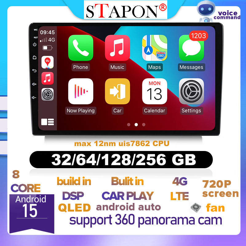 STAPON 9inch 2din 32 64 128 256GB android16 OCTA CORE voice command 4G LTE DSP carplay android auto QLED screen car android head unit 360camera dashcam car stereo WiFi Bluetooth GPS FM AM S8
