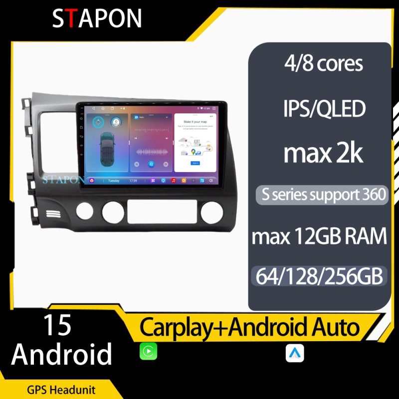 STAPON 10inch for honda civic 2006-2011 Android16 64 128 256GB 2K QLED IPS voice command OCTA CORE DSP 4G LTE 360CAMERA dashcam car stereo android HEAD UNIT plug play  multimedia player with WiFi Bluetooth GPS rear view AM FM