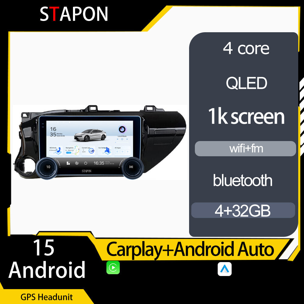 STAPON 10.5inch 4+32GB for toyota hilux 2016-2023 android16 carplay android auto 2.5D qled 1k SCREEN quad CORE car android head unit stereo WiFi Bluetooth GPS FM rear view S105