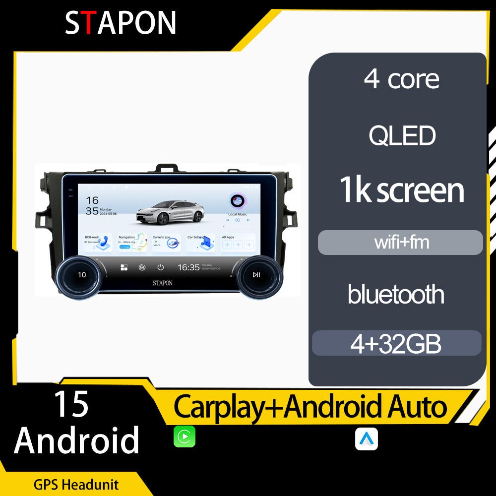 STAPON 10.5inch 4+32GB for corolla 2007-2013 android16 carplay android auto 2.5D qled 1k SCREEN quad CORE car android head unit stereo WiFi Bluetooth GPS FM rear view S105