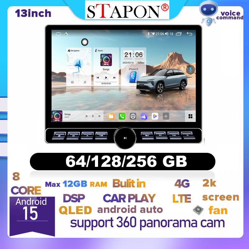 STAPON 13inch 64 128 256GB android16 2k 1920x1200p 2k screen carplay android auto OCTA CORE 4G DSP support 360camera car android headunit car android stereo WiFi Bluetooth 5.0 GPS AM FM RDS rear view 2din S13