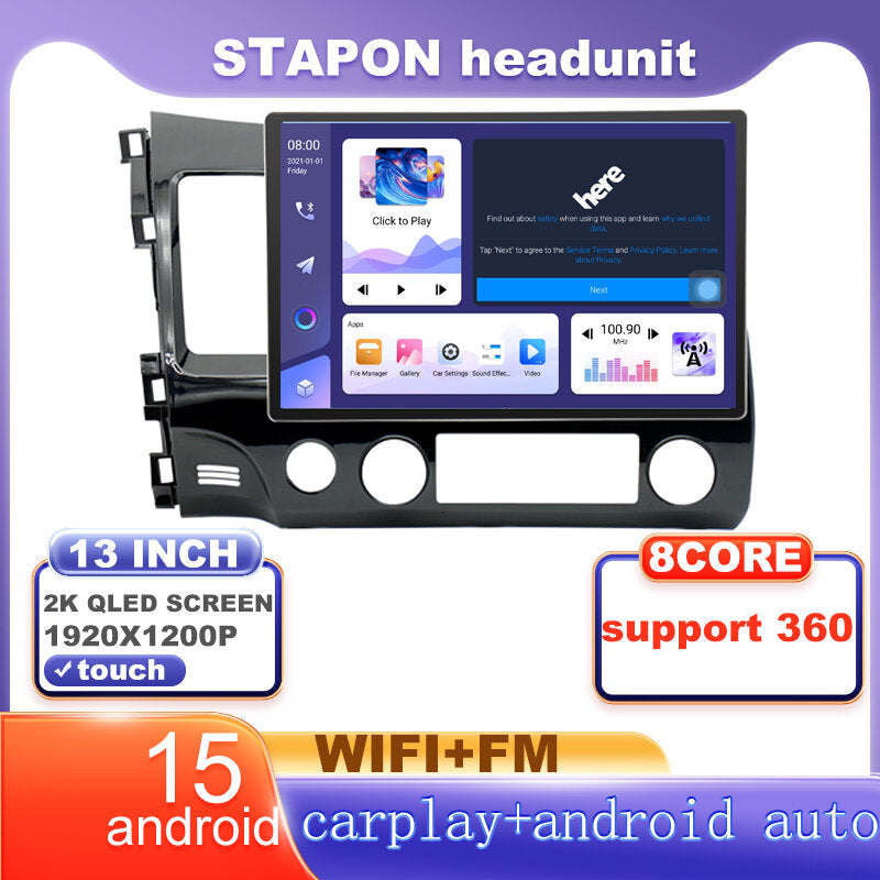 STAPON 13inch 6+64G for honda civic 2006-2011 android16 1920x1200p 2k screen carplay android auto OCTA CORE support 360camera car android headunit car android stereo WiFi Bluetooth 5.0 GPS FM rear view S133