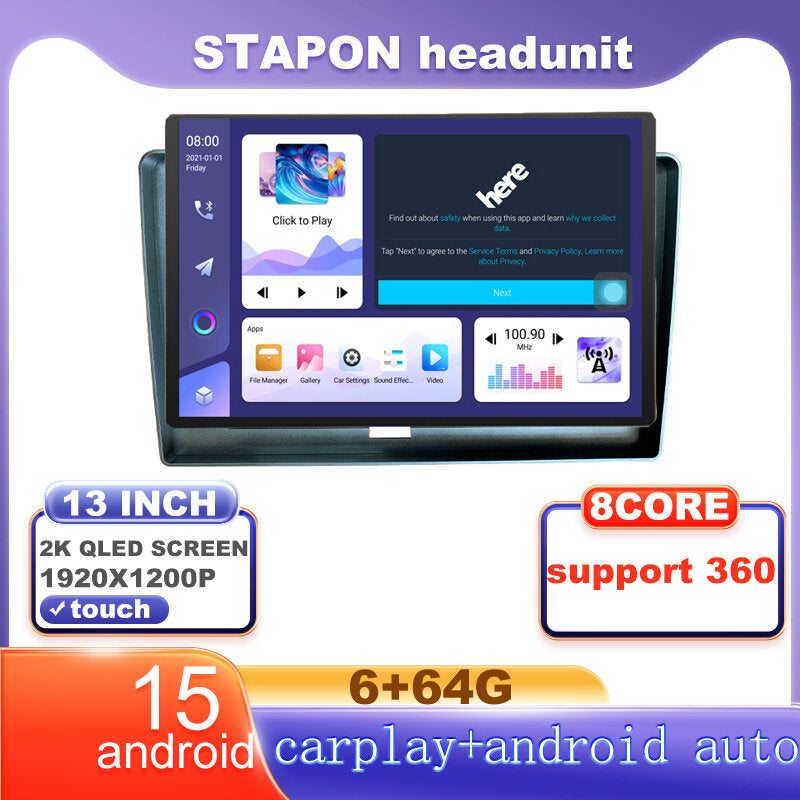 STAPON 13inch 6+64G for toyota hiace 2005-2018 android16 1920x1200p 2k screen carplay android auto OCTA CORE support 360camera car android headunit car android stereo WiFi Bluetooth 5.0 GPS FM rear view S133