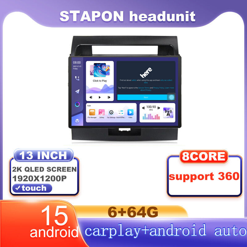 STAPON 13inch 6+64G for toyota land cruiser 200 2008-2015 android16 1920x1200p 2k screen carplay android auto OCTA CORE support 360camera car android headunit car android stereo WiFi Bluetooth 5.0 GPS FM rear view S133