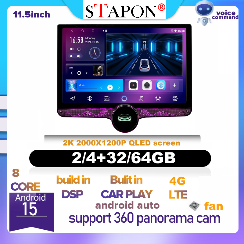 STAPON 11.5inch 64GB QLED screen 4G DSP AM FM carplay android auto 360panorama car android head unit stereo bluetooth wifi steering control rear view 2din s115