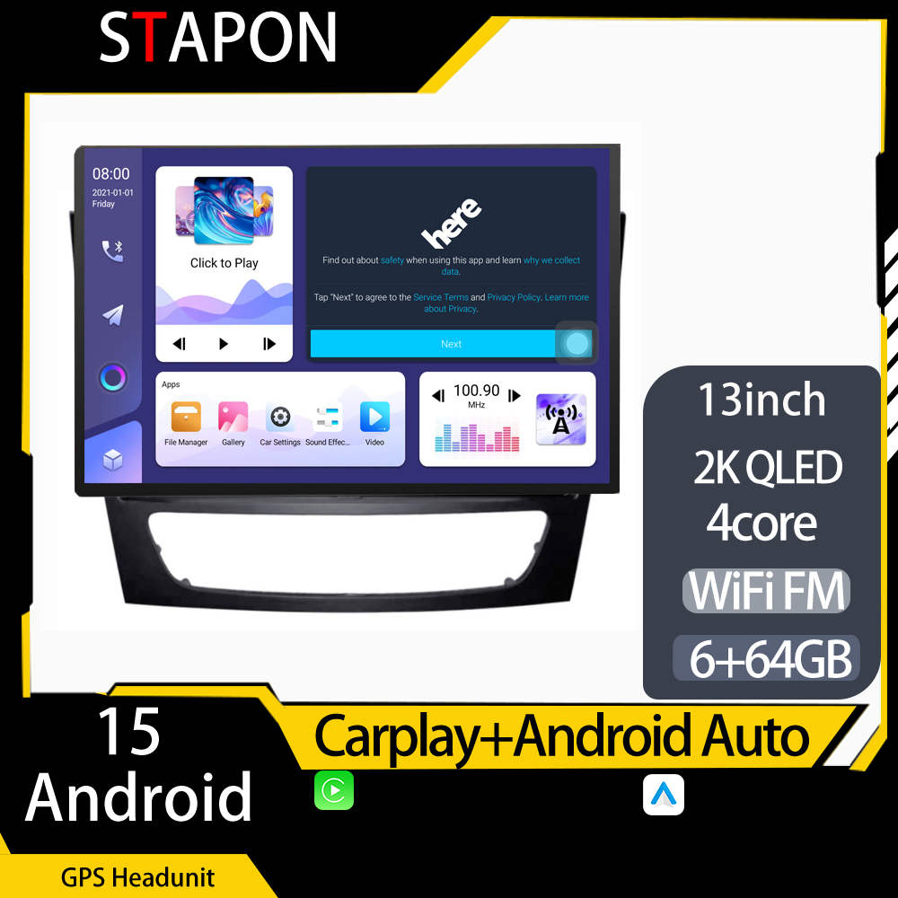 STAPON 13inch 64GB 128GB for benz e class w211 w219 2005-2009 android16 2k 1920x1200p screen carplay android auto 2.5D qled SCREEN quad CORE car android headunit car android stereo WiFi Bluetooth 5.0 GPS FM rear view S132