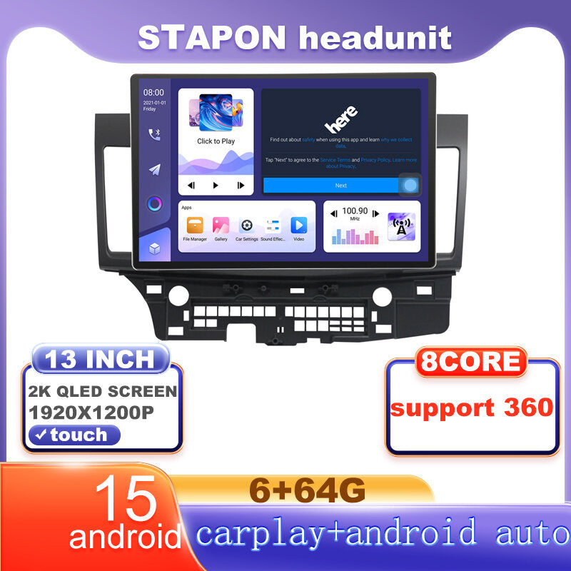 STAPON 13inch 6+64G for mitsubishi lancer android16 1920x1200p 2k screen carplay android auto OCTA CORE support 360camera car android headunit car android stereo WiFi Bluetooth 5.0 GPS FM rear view S133