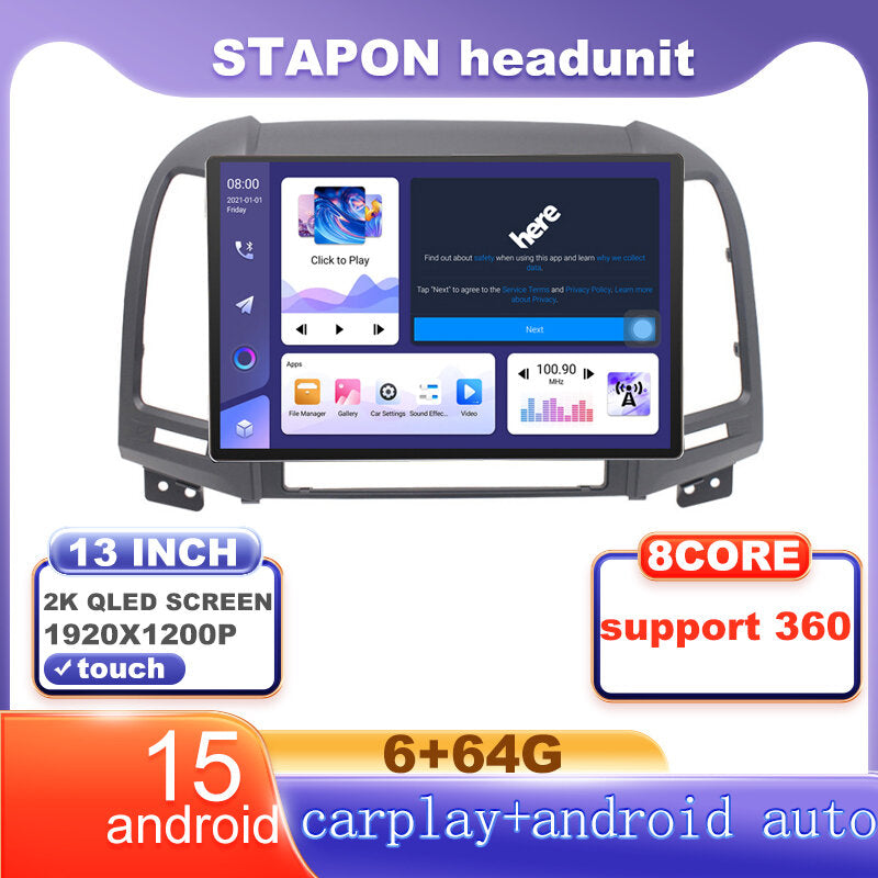 STAPON 13inch 6+64G for hyundai santafe 2005-2012 android16 1920x1200p 2k screen carplay android auto OCTA CORE support 360camera car android headunit car android stereo WiFi Bluetooth 5.0 GPS FM rear view S133