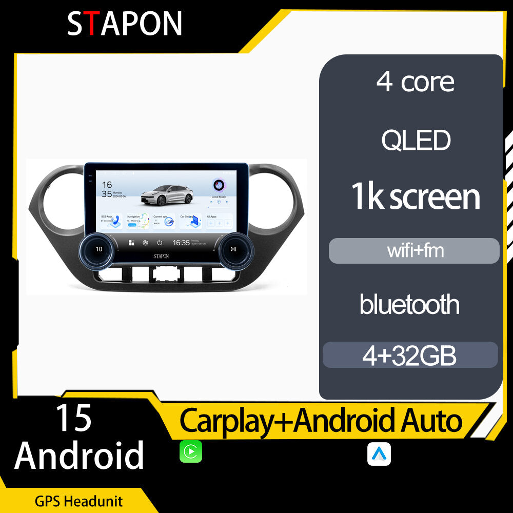 STAPON 10.5inch 4+32GB for hyundai i10 2014-2018 android16 carplay android auto 2.5D qled 1k SCREEN quad CORE car android head unit stereo WiFi Bluetooth GPS FM rear view S105