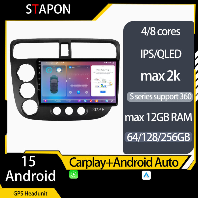 STAPON for honda civic 2000-2005 android16 64 128 256GB 9inch QLED IPS SCREEN OCTA CORE voice command DSP 4G LTE carplay android auto 360camera dashcam car stereo android HEAD UNIT plug play WiFi Bluetooth GPS
