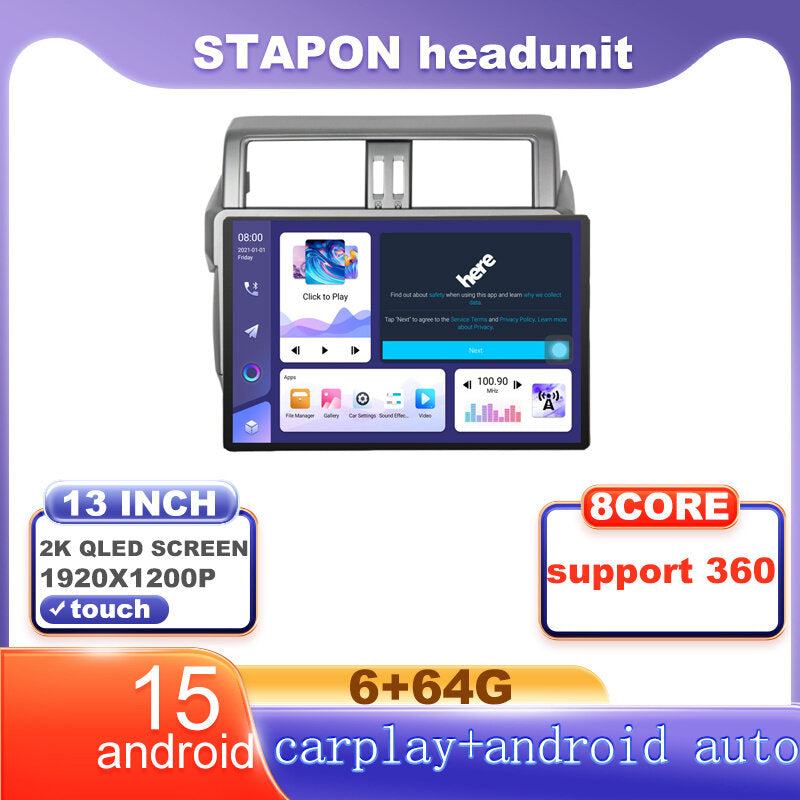 STAPON 13inch 6+64G for toyota land cruiser prado 2013-2017 android16 1920x1200p 2k screen carplay android auto OCTA CORE support 360camera car android headunit car android stereo WiFi Bluetooth 5.0 GPS FM rear view S133