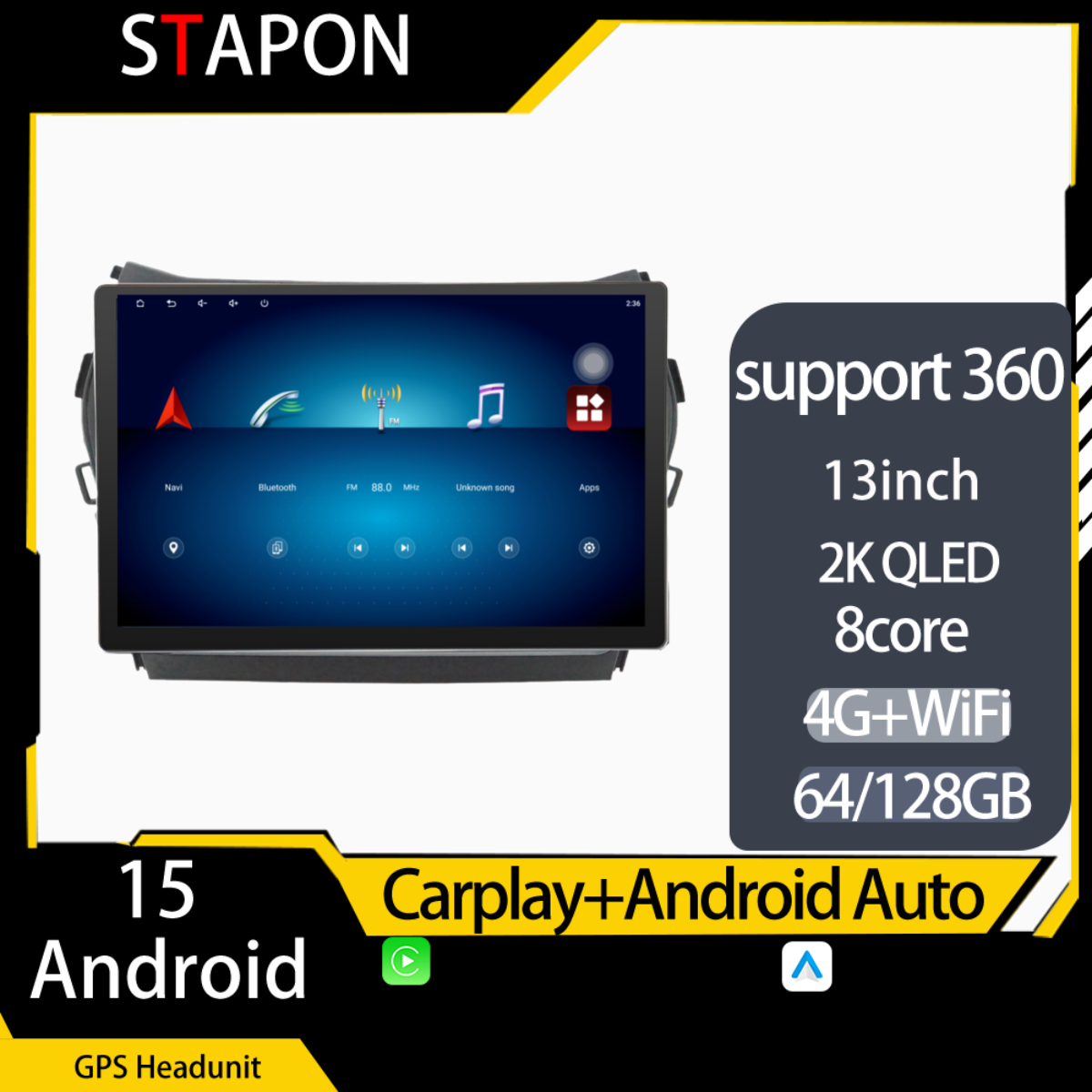 STAPON 13inch 64GB 128GB for ix45 santafe 2013-2016 Android15 1920x1200p 2k screen carplay android auto OCTA CORE support 360camera car android headunit car android stereo WiFi Bluetooth 5.0 GPS FM rear view S133