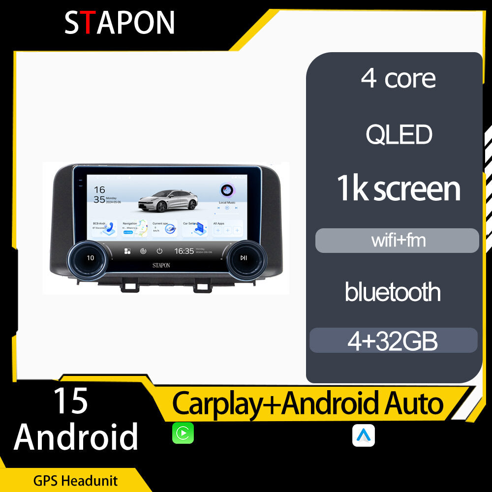 STAPON 10.5inch 4+32GB for hyundai kona android16 carplay android auto 2.5D qled 1k SCREEN quad CORE car android head unit stereo WiFi Bluetooth GPS FM rear view S105