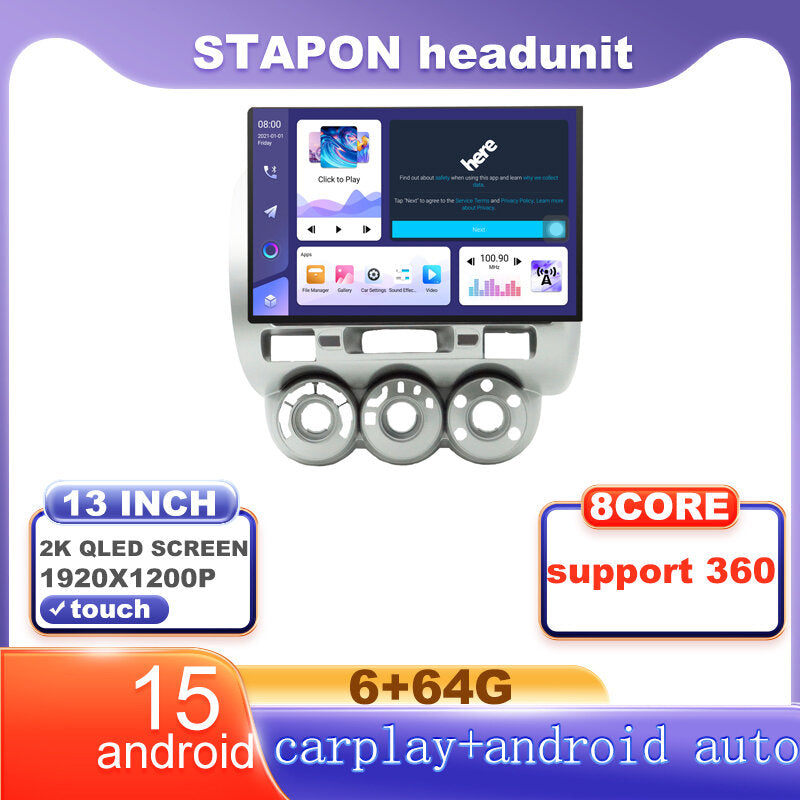 STAPON 13inch 6+64G for honda jazz 2004-2007 android16 1920x1200p 2k screen carplay android auto OCTA CORE support 360camera car android headunit car android stereo WiFi Bluetooth 5.0 GPS FM rear view S133