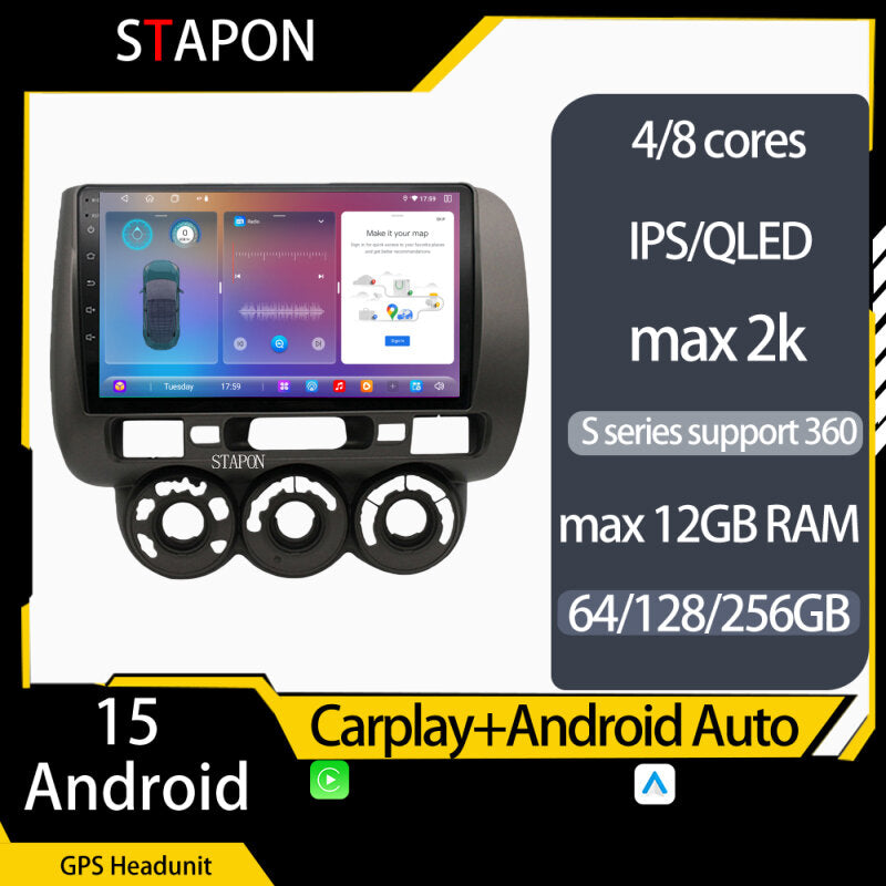 STAPON for honda jazz idsi 2004-2007 japan version android16 64 128 256GB 2K QLED IPS 9inch voice command OCTA CORE DSP 4G LTE carplay android auto 360camera dashcam car stereo android HEAD UNIT plug play WiFi Bluetooth GPS
