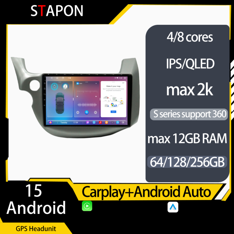 STAPON 10inch for honda jazz fit 2008-2013 Android15 64 128 256GB QLED IPS voice command OCTA CORE DSP 4G LTE carplay android auto 2.5D ips screen 360camera dashcam car stereo android head unit plug play with WiFi Bluetooth GPS rear view