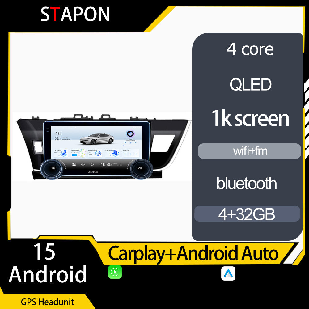 STAPON 10.5inch 4+32GB for toyota corolla 2014-2016 android16 carplay android auto 2.5D qled 1k SCREEN quad CORE car android head unit stereo WiFi Bluetooth GPS FM rear view S105