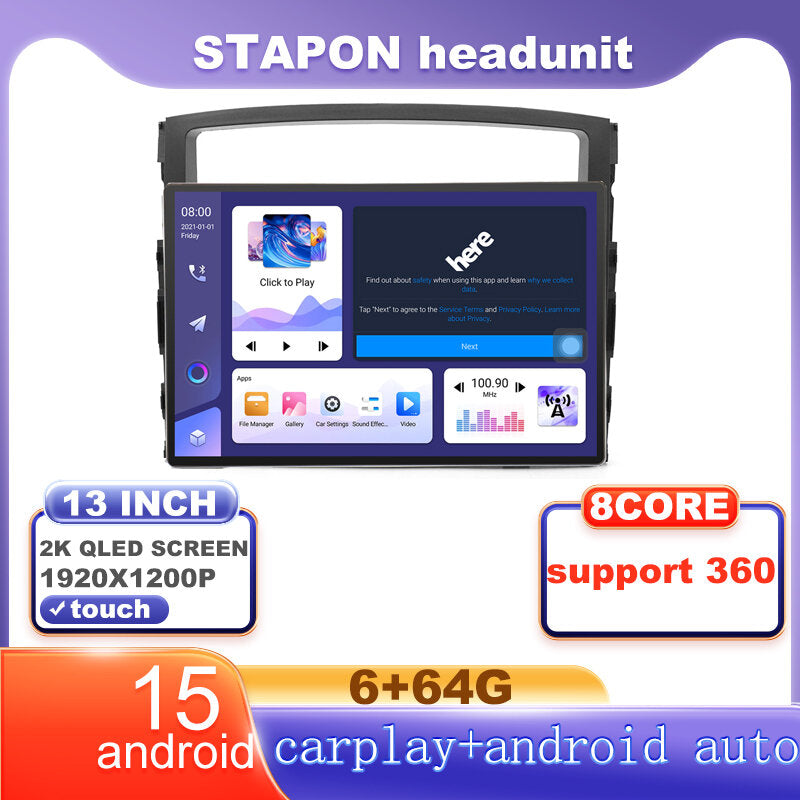 STAPON 13inch 6+64G for mitsubishi pajero 2006-2011 android16 1920x1200p 2k screen carplay android auto OCTA CORE support 360camera car android headunit car android stereo WiFi Bluetooth 5.0 GPS FM rear view S133