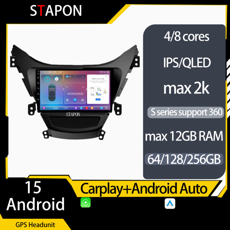 STAPON 9inch for hyundai elantra 2011-2013 android16 64 128 256GB QLED IPS voice command carplay android auto 4G DSP 360camera car stereo android HEADUNIT WiFi Bluetooth GPS