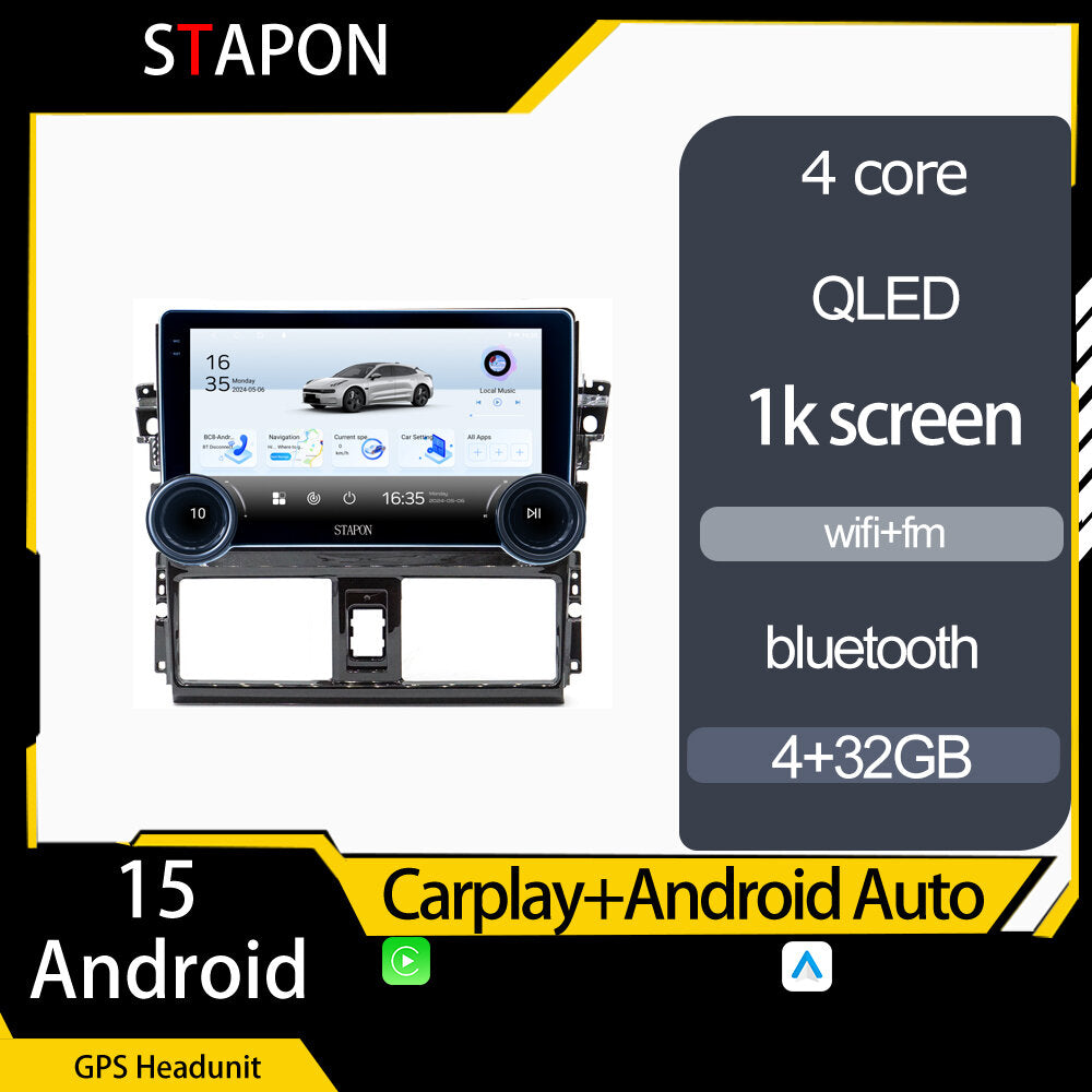 STAPON 10.5inch 4+32GB for toyota vios 2014-2018 android16 carplay android auto 2.5D qled 1k SCREEN quad CORE car android head unit stereo WiFi Bluetooth GPS FM rear view S105
