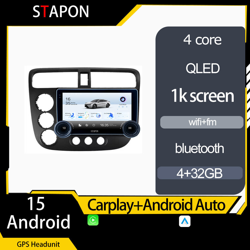STAPON 10.5inch 4+32GB for honda civic 2000-2005 android16 carplay android auto 2.5D qled 1k SCREEN quad CORE car android head unit stereo WiFi Bluetooth GPS FM rear view S105