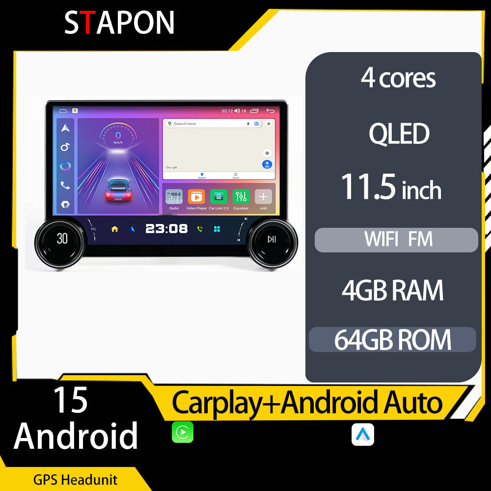 STAPON 11.5inch 4+64GB android16 2K QLED screen carplay android auto 2din car android headunit stereo mirror link bluetooth wifi steering control rear view s115