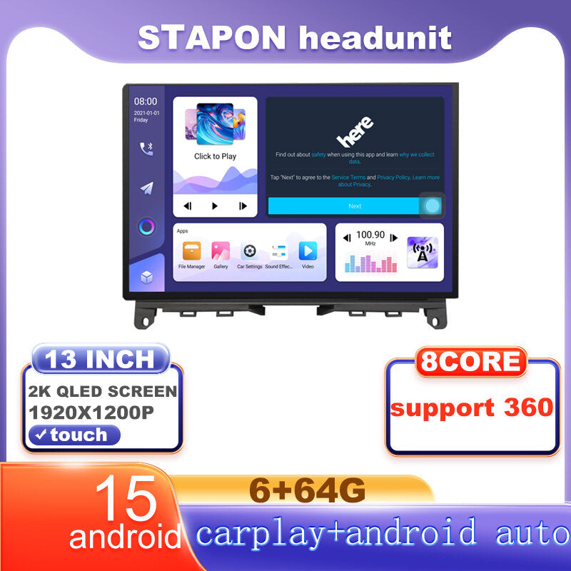 STAPON 13inch 6+64G for mercedes benz w204 android16 1920x1200p 2k screen carplay android auto OCTA CORE support 360camera car android headunit car android stereo WiFi Bluetooth 5.0 GPS FM rear view S133