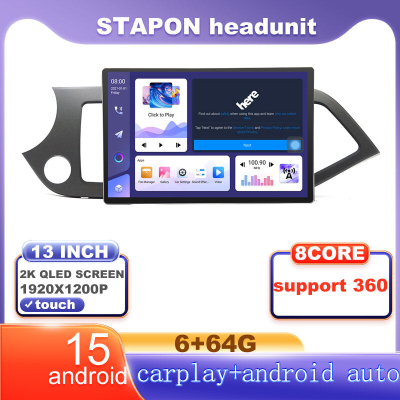 STAPON 13inch 6+64G for kia picanto 2011-2017 android16 1920x1200p 2k screen carplay android auto OCTA CORE support 360camera car android headunit car android stereo WiFi Bluetooth 5.0 GPS FM rear view S133